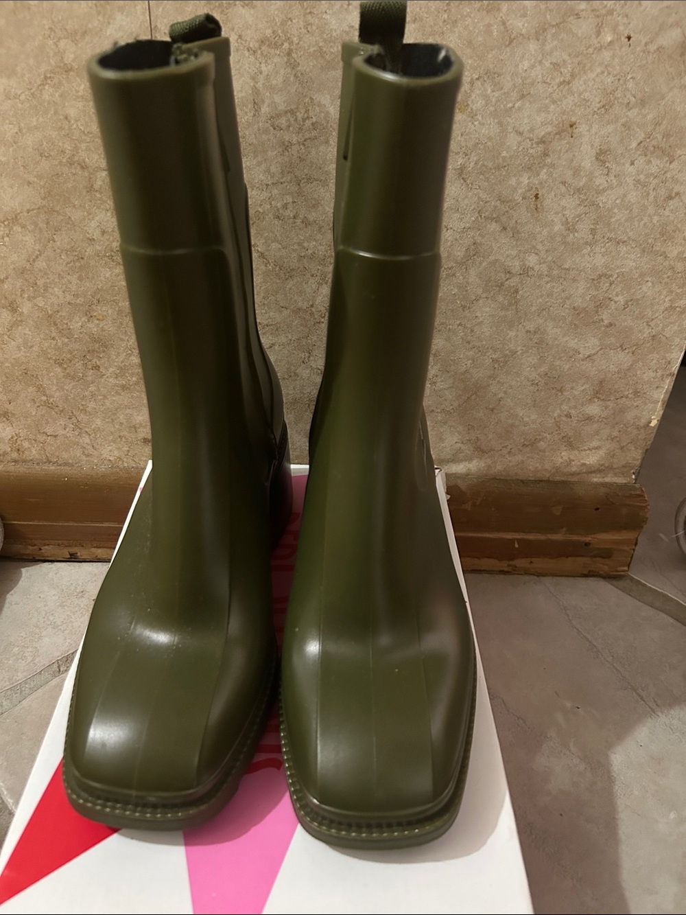 Olive Green Mid-Calf Waterproof Rain Boots — Pull-On Style